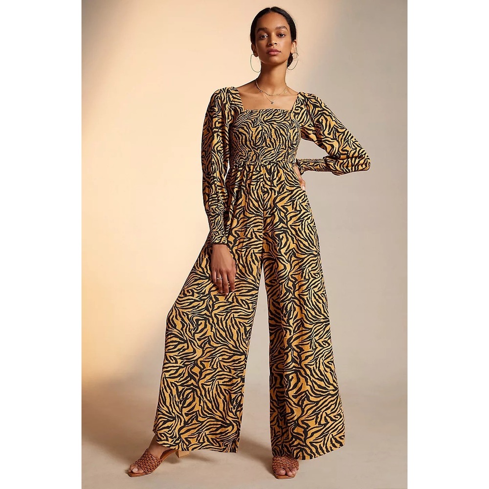 Kachel x Anthropologie Animal Print Smocked Wide Leg Jumpsuit Yellow Black Sz 2